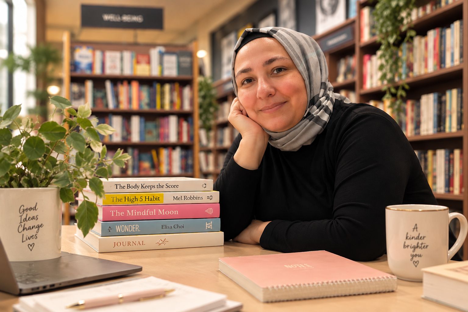 Dr. Fatma Yeşilyurt in a bookshop with a stack of psychology books