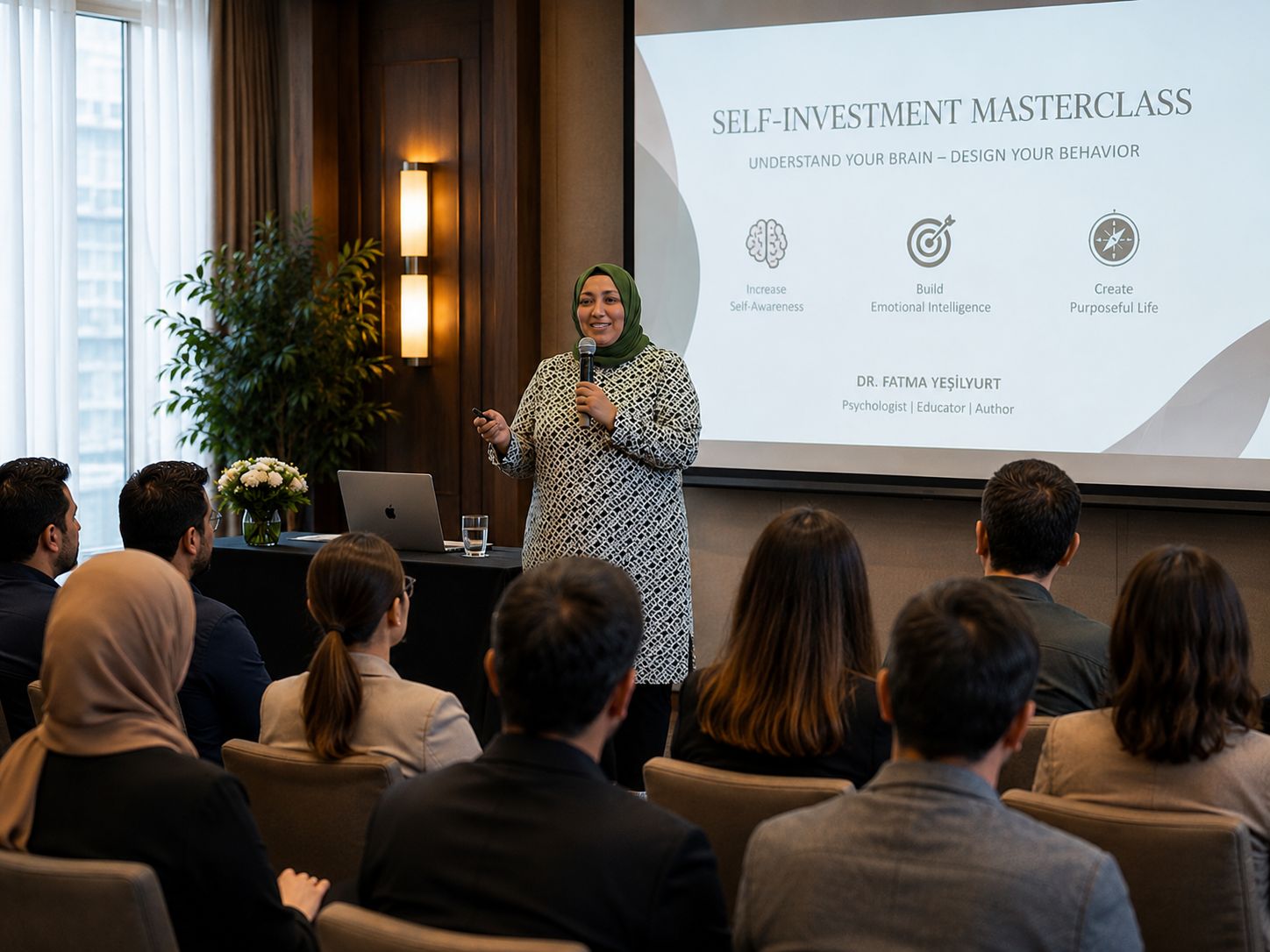Dr. Fatma Yeşilyurt leading a Self-Investment Masterclass seminar